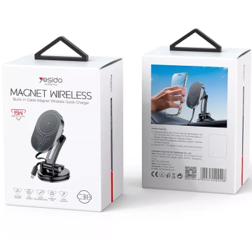 Yesido C313 Magnetic Car Holder with Qi 15W Inductive Charger for Car Cockpit Phone Black