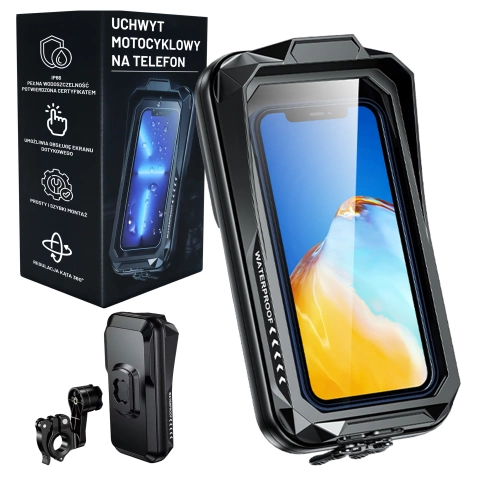 Uchwyt Motocyklowy Rowerowy Torba na Telefon do 7" Wodoodporna IP66 z Panelem Dotykowym, z wejściem na Kabel, Na Motocykl, Rower, Skuter, Hulajnogę, Kewig– Czarna