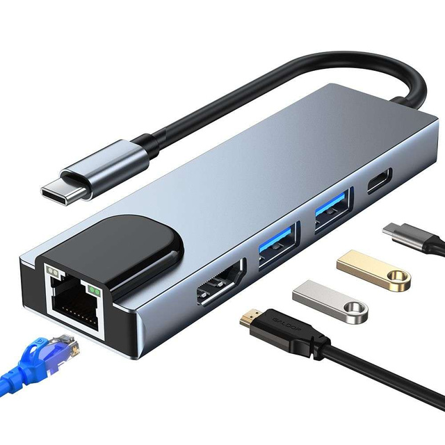 Hub adaptér USB V3-HUB 5w1 USB-C sivý