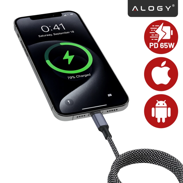 Kabel Zasilający USB-C do USB-C 65W 1m, Szybkie Ładowanie PD, Magnetyczny, Trwały i Elastyczny Przewód Kompatybilny z iPhone, MacBook i Android, Alogy MagiCharge™ – Czarny + Ładowarka Sieciowa 3w1 65W