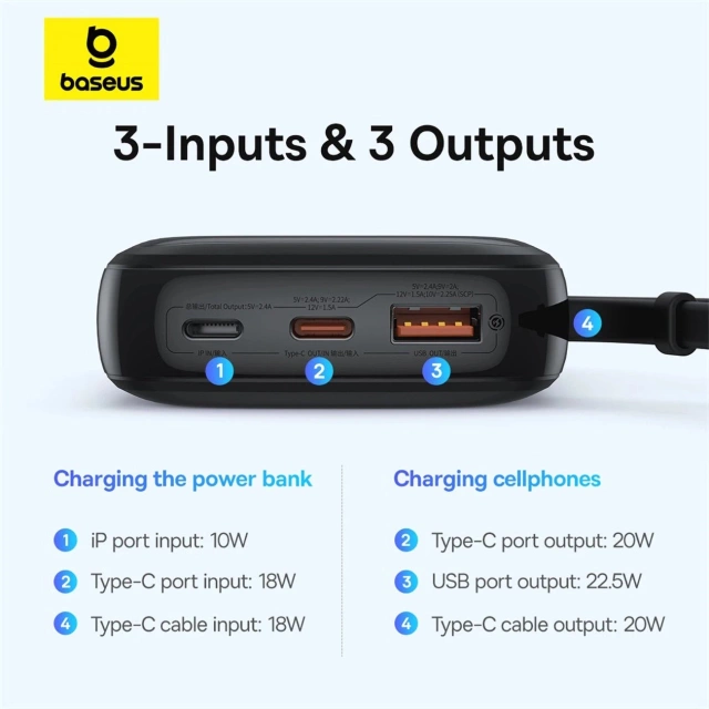 Powerbanka Baseus Qpow Pro 10000mAh 22,5W s vestavěným USB-C kabelem a displejem - černá
