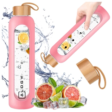 Veľká sklenená fľaša na pitie Alogy Motivačná odmerka 1l 1000ml silikónové puzdro Ružové