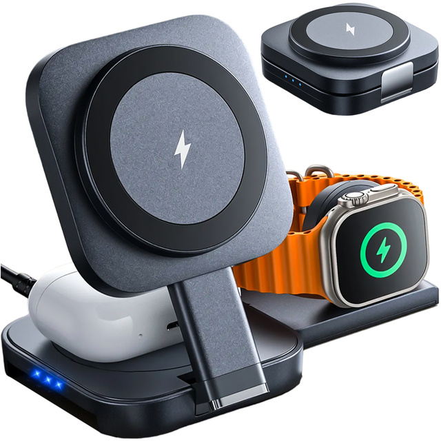 Qi Mag Safe 15W indukční nabíječka pro iPhone Apple Watch AirPods bezdrátová dokovací stanice 3v1 černá