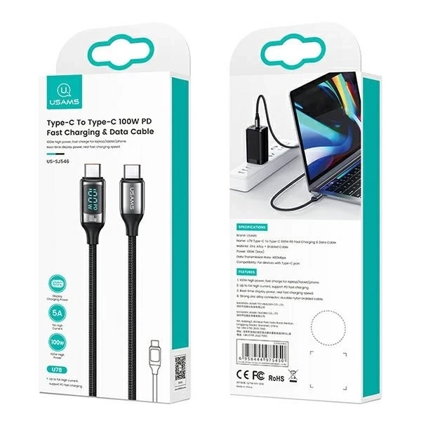 USAMS Pletený kábel U78 USB-C na USB-C LED 3m 100W Rýchly čierny/čierny SJ559USB01 (US Charging-SJ559)