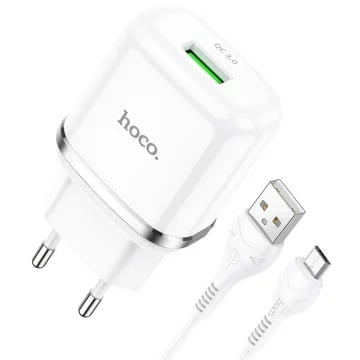 Ładowarka sieciowa HOCO USB A + kabel USB A do Micro USB QC3.0 3A 18W N3 biała