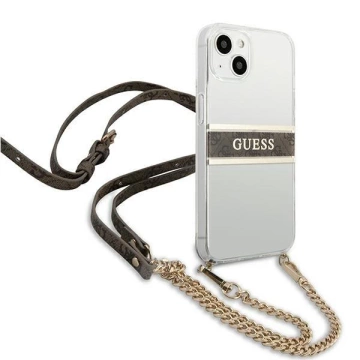 Guess GUHCP13SKC4GBGO iPhone 13 mini 5,4" priehľadné pevné puzdro 4G hnedý remienok zlatá retiazka