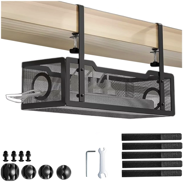 Organizér kabelů pod desku stolu, police na kabely, kabelové lišty, deska stolu, kovový stůl, Alogy 34cm Černá