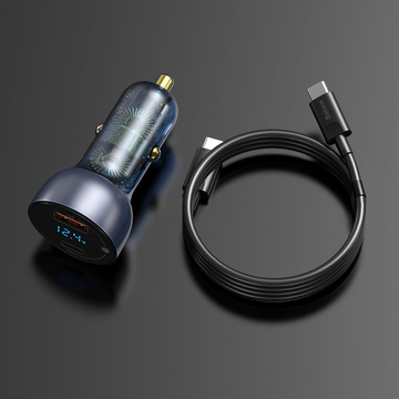 Baseus Particular Digital Display car charger with display, USB USB-C, QC3.0 PD, 5A, 65W (gray) USB-C cable 1m 100W (black)