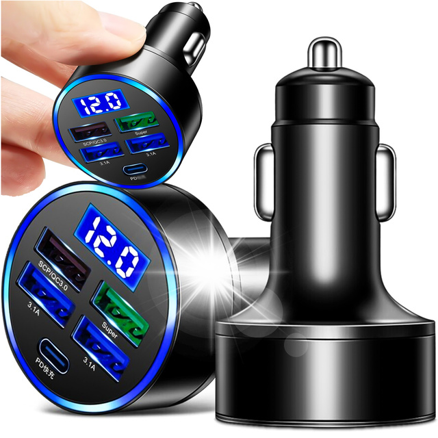 Car charger 4x USB QC 3.0 USB C PD 20W LED fast powerful 250W for Alogy Car phone black