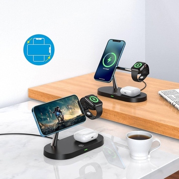 Qi Mag Safe 15W indukčná nabíjačka pre iPhone Apple Watch AirPods bezdrôtová dokovacia stanica 5v1 čierna