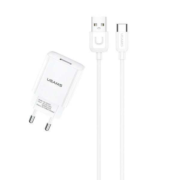 USAMS Nástenná nabíjačka 1xUSB T21 USB-C biely/biely 2,1A kábel rýchleho nabíjania T21OCTC01