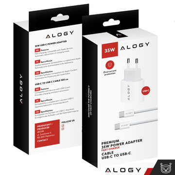 Rychlá a výkonná 35W USB-C nástěnná nabíječka USB typ C PD GaN pro iPhone 15 kabel typu C 1m Alogy White