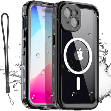 Pouzdro pro iPhone 15 Plus vodotěsné Mag Safe Case pancéřované vodotěsné pouzdro černé a šedé