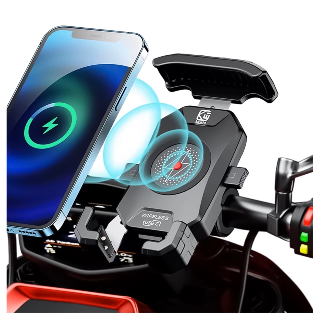 KEWIG M14-A1 Motorcycle Handlebar Phone Holder with Qi PD USB-C Charger for Motorbike, Quad, Scooter, Black