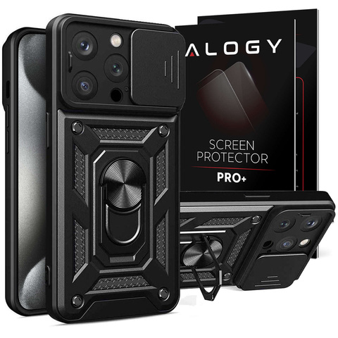 Obrněné pouzdro pro iPhone 15 Pro Max Camshield Case Ring Alogy Stand s posuvným krytem fotoaparátu černé sklo