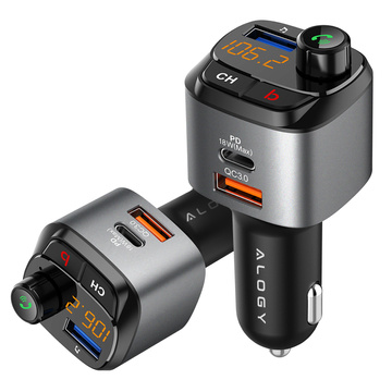 Alogy FM vysielač do auta USB nabíjačka QC 3.0 USB-C PD Bluetooth MP3 prehrávač 1m kábel USB-C do púzdra Lightning