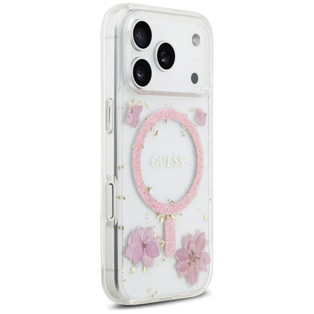 Etui Guess MagSafe do iPhone 17 Pro Resin Flowers Glitter Pink