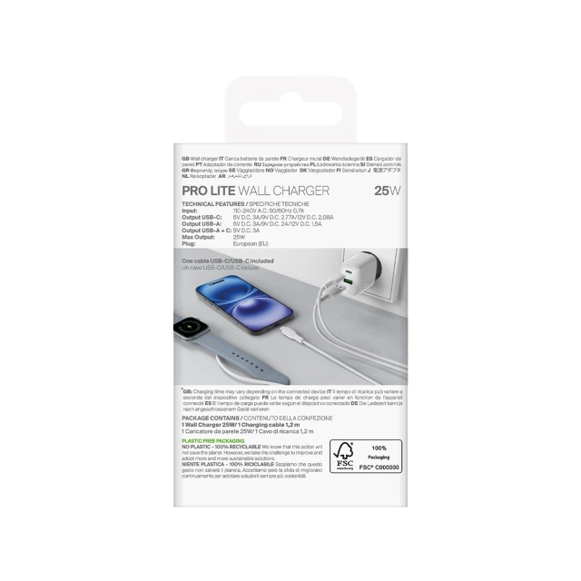 Puro PROLITE 25W USB-A/USB-C wall charger, USB-C cable 1.2m - white