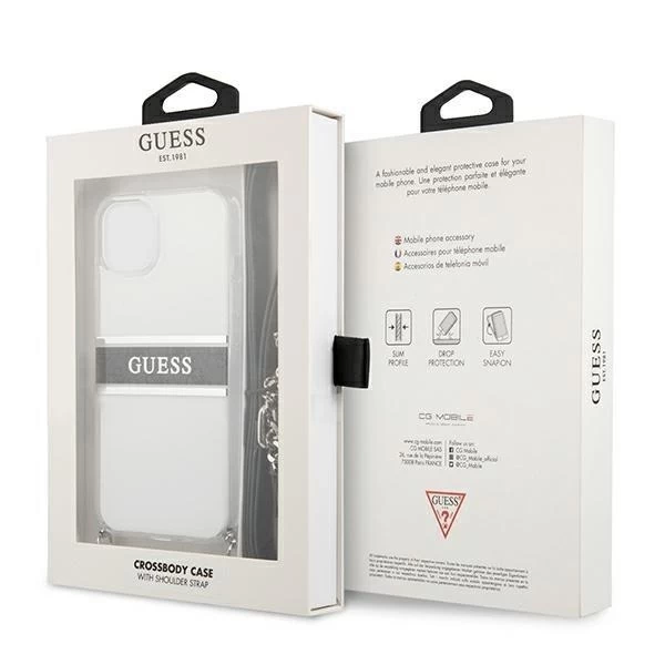 Guess GUHCP13SKC4GBSI iPhone 13 mini 5,4" průhledný pevný obal 4G šedý pásek stříbrný řetízek