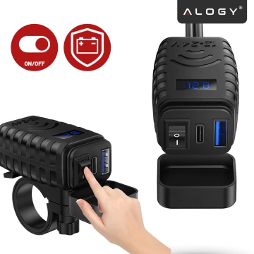 Motocyklová nabíječka Alogy MotoCharge Pro™ s displejem, rychlé nabíjení 36 W PD QC 3.0, porty USB-A a USB-C, vodotěsná a odolná, černá
