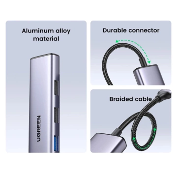 Адаптер Ugreen CM478 USB-C на HDMI / USB-A 3.0 / 2x USB 2.0 / PD, сірий