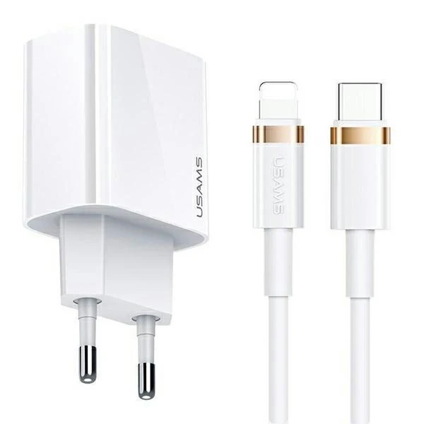 USAMS Wall charger 1xUSB-C T34 20W 5V-3A PD3.0 cable U63 USB-C to lightning 20W white/white (T49) T49OCLN01