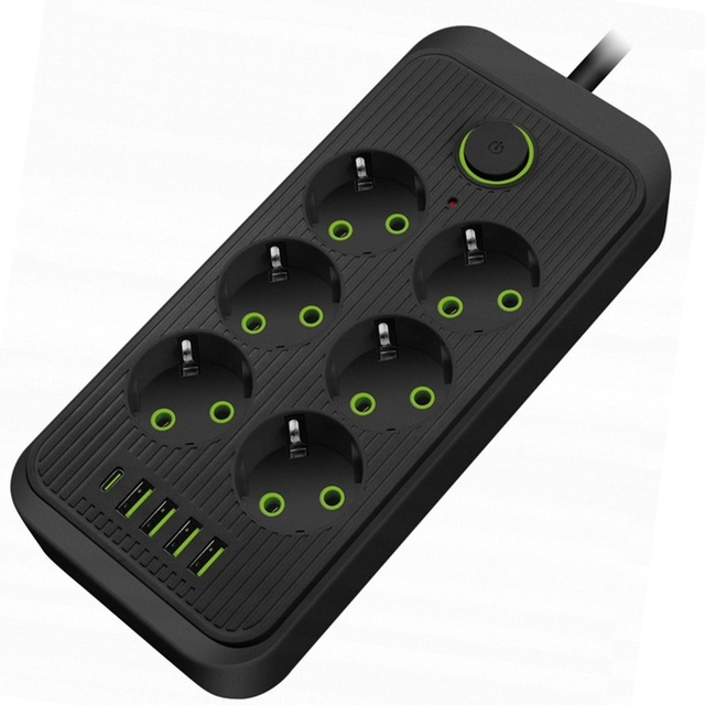 Подовжувач Подовжувач 6 розеток AC EU розетки 4x USB USB-C тип C розетки 2500 Вт чорний