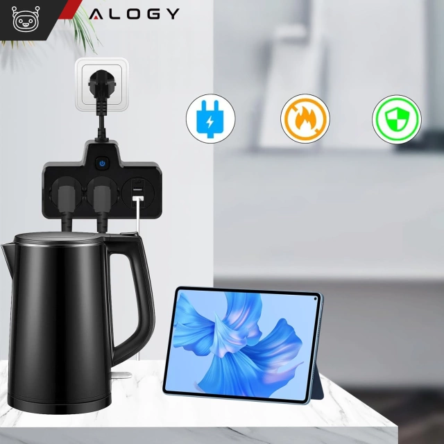 Alogy Plug Extender rozbočovač zásuvek rozbočovač adaptér prodlužovací kabel 2x EU zástrčka 2x USB 2x USB-C Černá