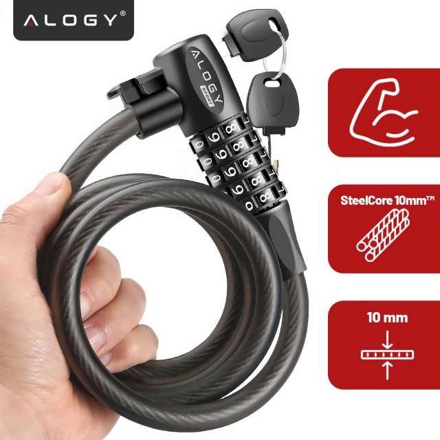 Bike lock, bike lock, strong cable, 120 cm, Alogy bike lock, code, key, black