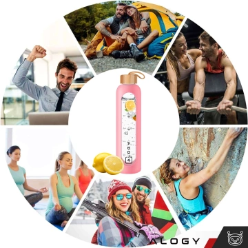 Велика скляна пляшка поїлка Alogy Motivational мірний стакан 1л 1000мл силіконовий чохол Рожевий