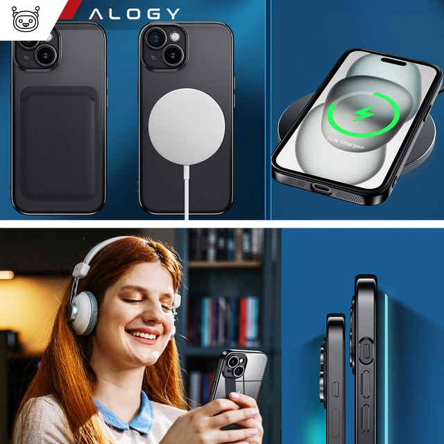 MagSafe Hülle für iPhone 15 Plus Glamour Luxus Cover Slim Ring Alogy Schwarz Transparentes Glas