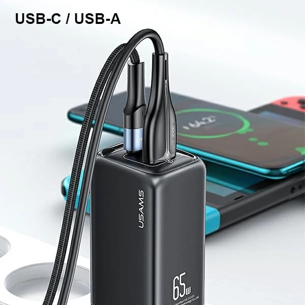 USAMS Nástenná nabíjačka 1xUSB-C 1xUSB T47 65W PD Fast Charging Super Si biela/biela CC153TC02 (US-CC153)