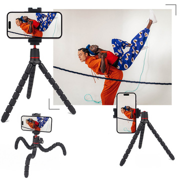 Elastyczny statyw do zdjęć mini tripod giętki na aparat kamerę telefon 1/4" trójnóg Octopus czarny + uchwyt do telefonu