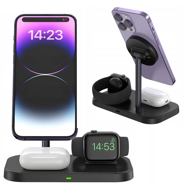 Qi Mag Safe 15W induktives Ladegerät für iPhone Apple Watch AirPods 3in1 kabellose Standstation Schwarz