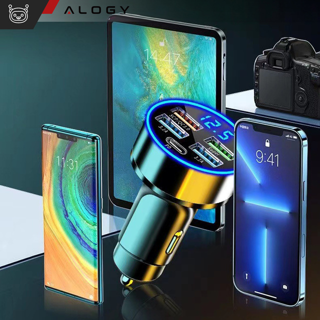 Nabíječka do auta 4x USB QC 3.0 USB C PD 20W LED rychlá výkonná 250W pro telefon Alogy Car černá