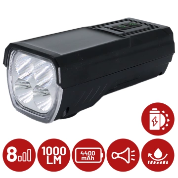 Solárne predné svetlo na bicykel, LED predné svetlo na bicykel so solárnym panelom, super silné osvetlenie 1000LM 4400MAH, vodeodolné svetlo na bicykel, čierne