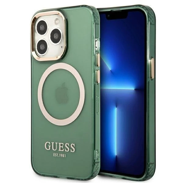 Etui Guess GUHMP13LHTCMA do Apple iPhone 13 Pro / 13 6,1" zielony/khaki hard case Gold Outline Translucent MagSafe