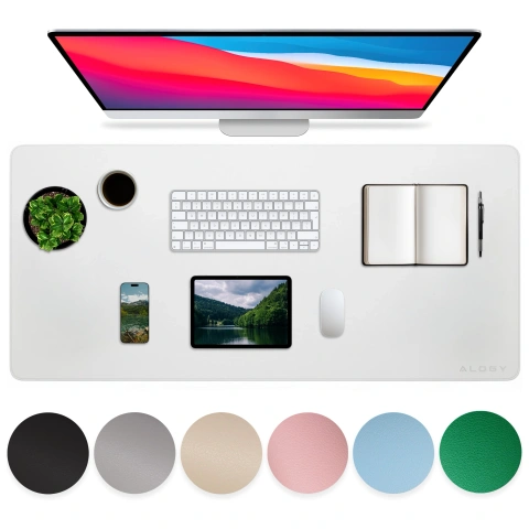 Desk pad 90×45 cm – anti-slip protective mat made of elegant PU eco-leather, for mouse and keyboard, stylish and durable – Alogy WorkMat™ White