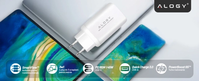 Alogy GaNCharge Compact 3in1 настінний зарядний пристрій швидкої зарядки GaN3 65W USB-A 30W 2x USB-C 65W Білий