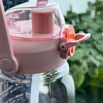 Motivational drinking water bottle with a straw, 1.5l, with a reminder, with a motivational measuring cup, with a handle, Pink, Washing brush