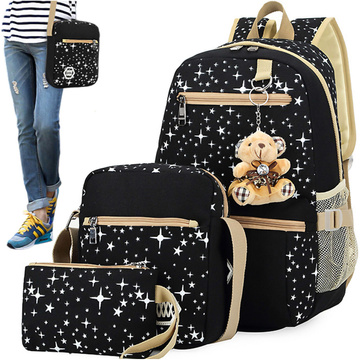 3in1 backpack school urban youth school bag pencil case cosmetic bag keychain teddy bear capacious women's Black with stars Alogy