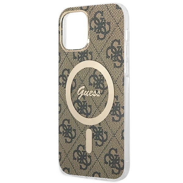 Zestaw Guess GUBPP12MH4EACSW Nabíjačka puzdra iPhone 12/12 Pro brązový/hnedý pevný obal 4G MagSafe Print