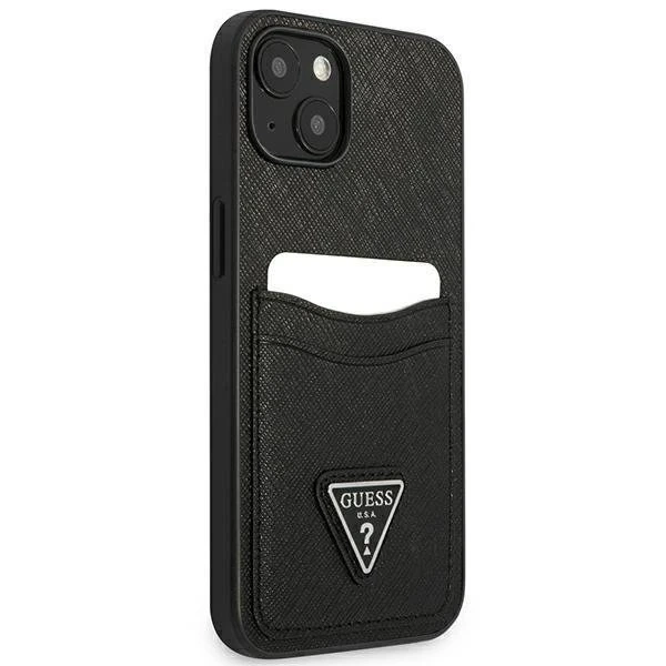 Etui Guess GUHCP13SPSATPK do Apple iPhone 13 Mini 5,4" čierny/čierny pevný obal SaffianoTriangle Logo slot na karty