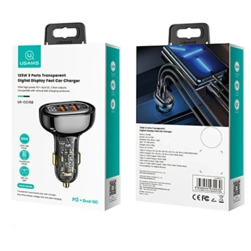 USAMS Car charger 2xUSB 1xUSB-C 125W Fast Charge transparent black CC158CC01 (US-CC158)