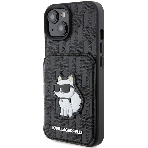 Etui Karl Lagerfeld KLHCP15SSAKCNSCK na iPhone 15 6,1" čierne/čierne pevné puzdro Saffiano sloty na karty a stojan Monogram Choupette