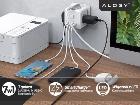 Sieťový rozbočovač rozbočovač Nabíjací adaptér zlodej 3 zásuvky EU 3x USB USB-C C 7v1 Alogy Biela