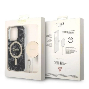 Zestaw Guess GUBPP14XHMEACSK Case Charger iPhone 14 Pro Max 6,7" černé/černé pevné pouzdro MagSafe Marble
