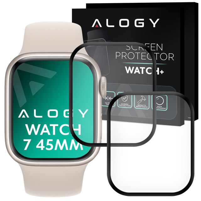 2x Alogy 3D Flexibles Glas für Apple Watch 7 45mm Schwarz