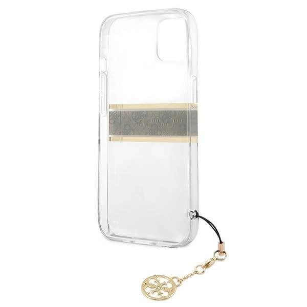 Guess GUHCP13SKB4GBR iPhone 13 mini 5,4" Transparentné pevné puzdro 4G Brown Strap Charm