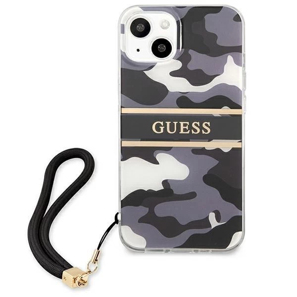 Guess GUHCP13MKCABBK iPhone 13 6,1" černý/černý pevný obal Camo Strap Collection